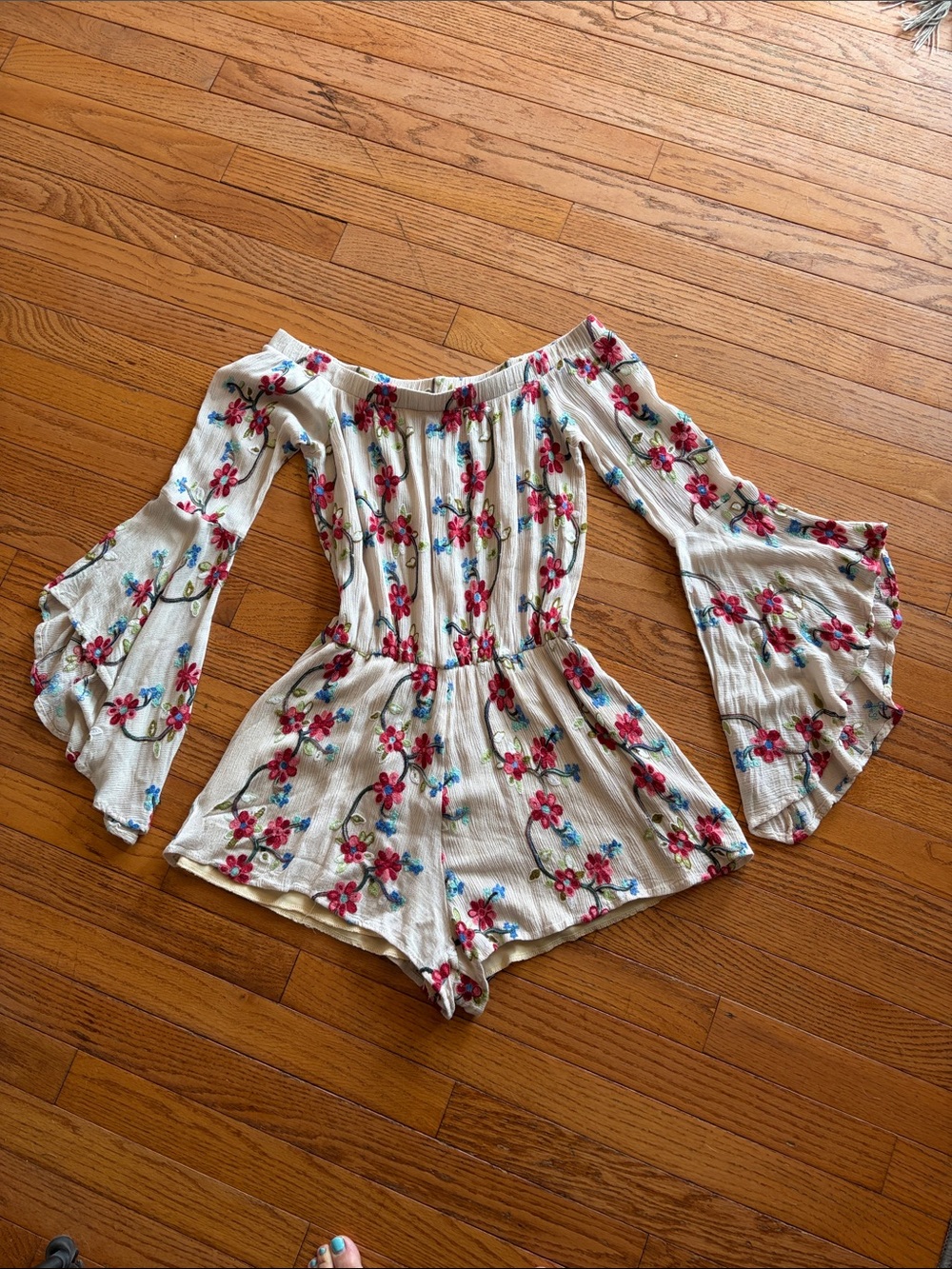 Off-Shoulder Floral Romper in Cream with Pink & Blue Flowers
